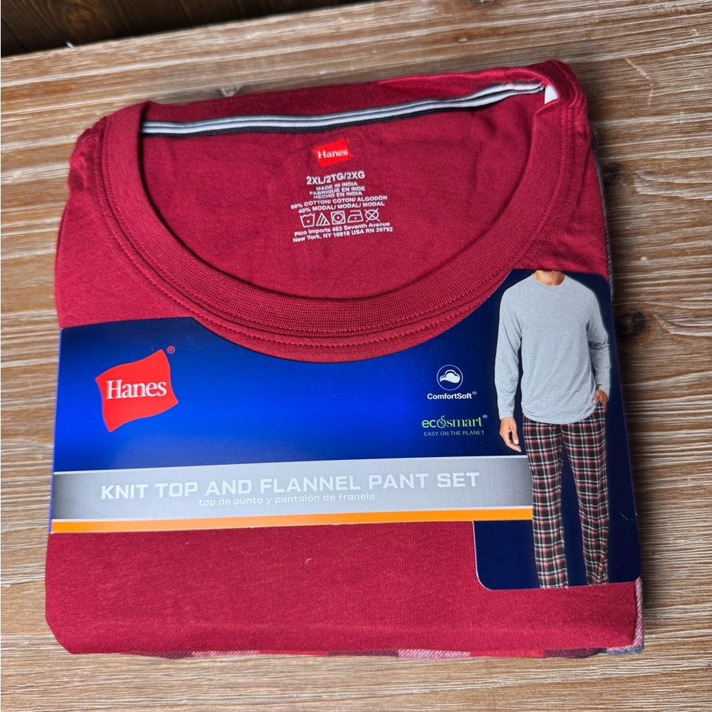 Hanes Men’s Pajamas Red Top & Soft Flannel Pant Sleep Set - 2XL New